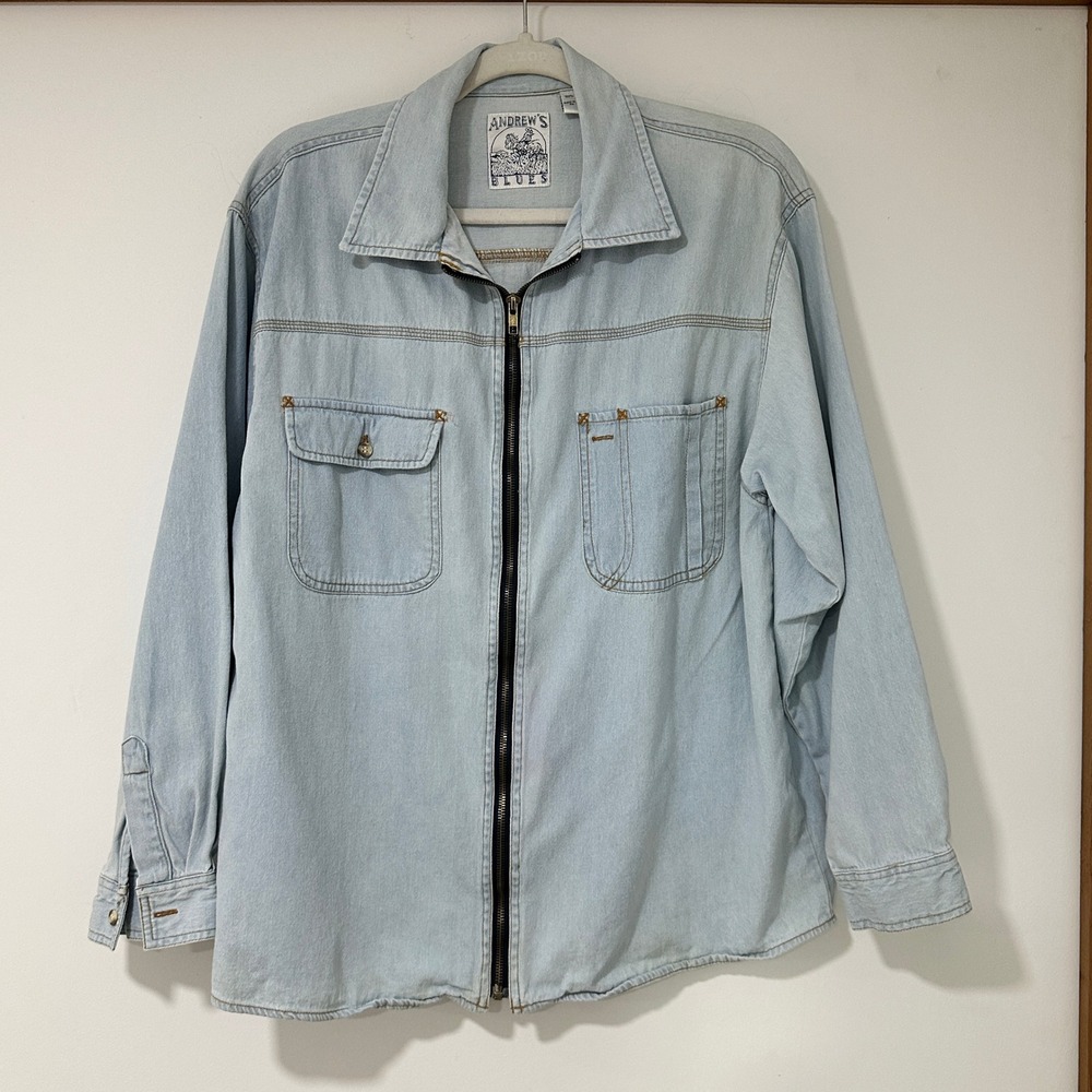 Vintage Andrews Blues Denim Jacket Womens L Light Wash Full Zip Cotton 90s